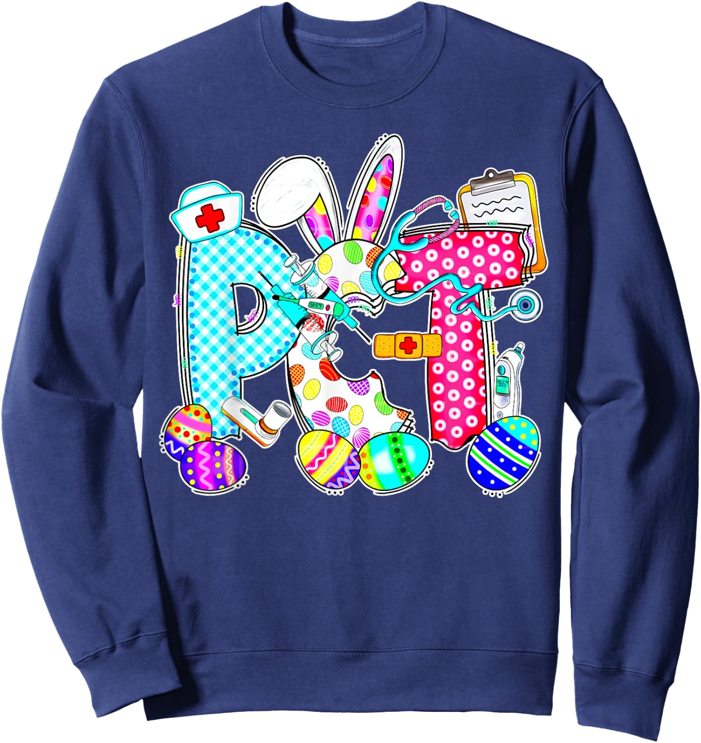 Retro PCT Patient Care Technician Bunny Egg Easter Day Nurse Sweatshirt - Sweatshirt | Navy