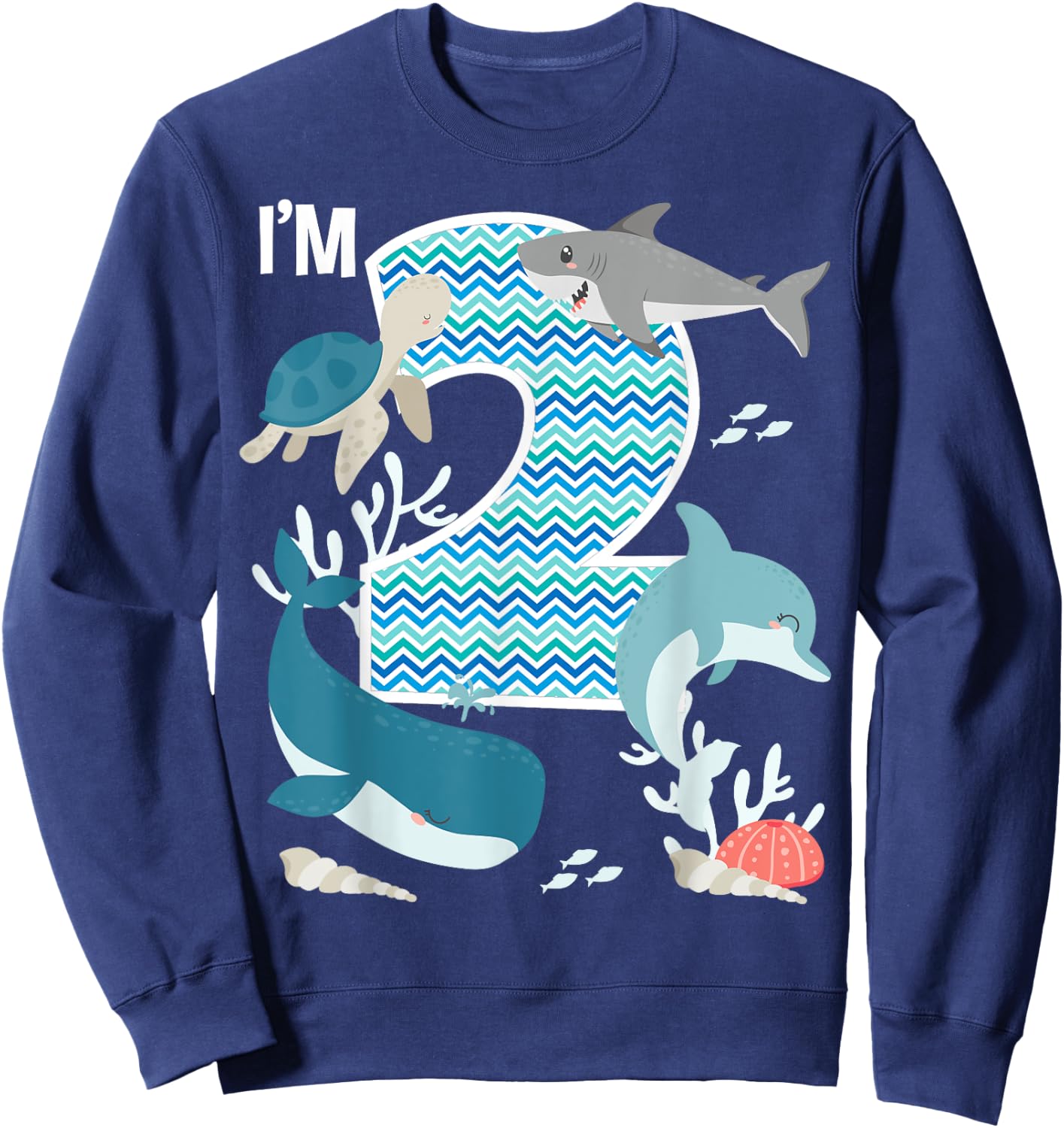 Kids 2 Year Old Ocean Life Whale Dolphin Shark 2nd Birthday Sweatshirt - Sweatshirt | Navy