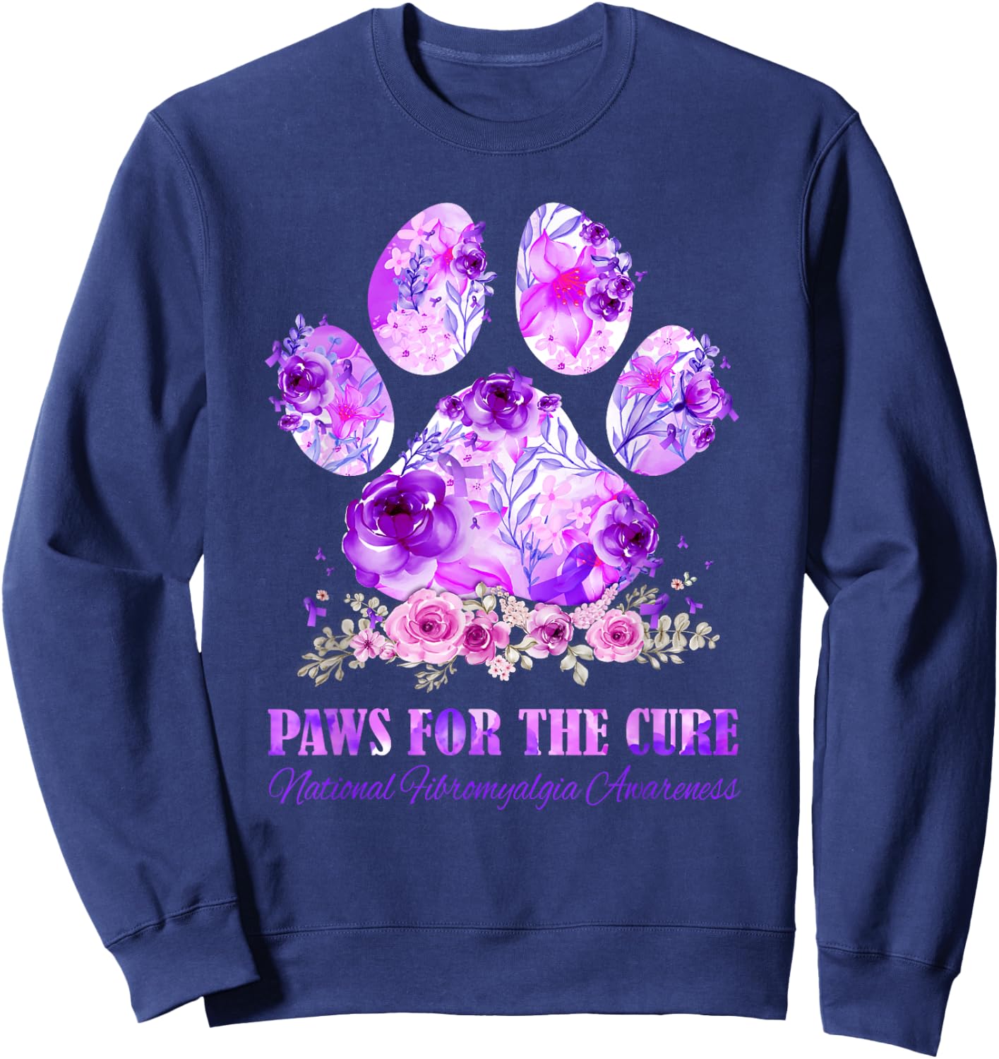 Dog Print Paws For The Cure Fibromyalgia Awareness Month Sweatshirt - Sweatshirt | Navy
