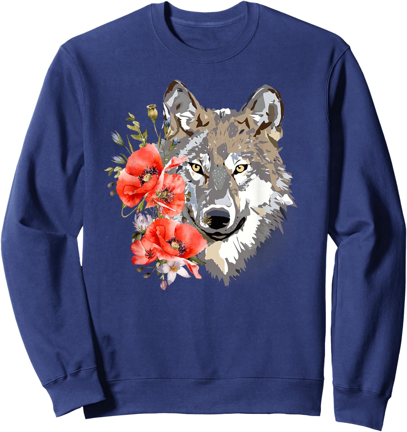 Wolf Cute Floral Graphic Wolves Women Girls Sweatshirt - Sweatshirt | Navy