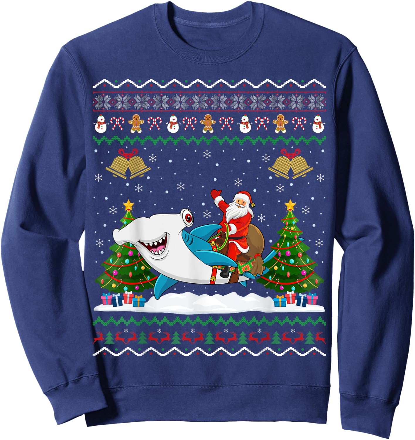 Ugly Hammerhead Shark Xmas Gift Santa Riding Shark Christmas Sweatshirt - Sweatshirt | Navy
