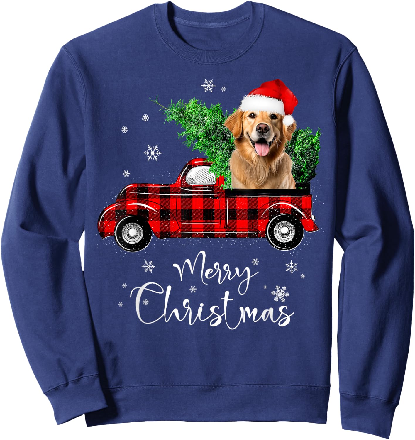 Golden retriever Dog Ride Red Truck Christmas Pajama Sweatshirt - Sweatshirt | Navy