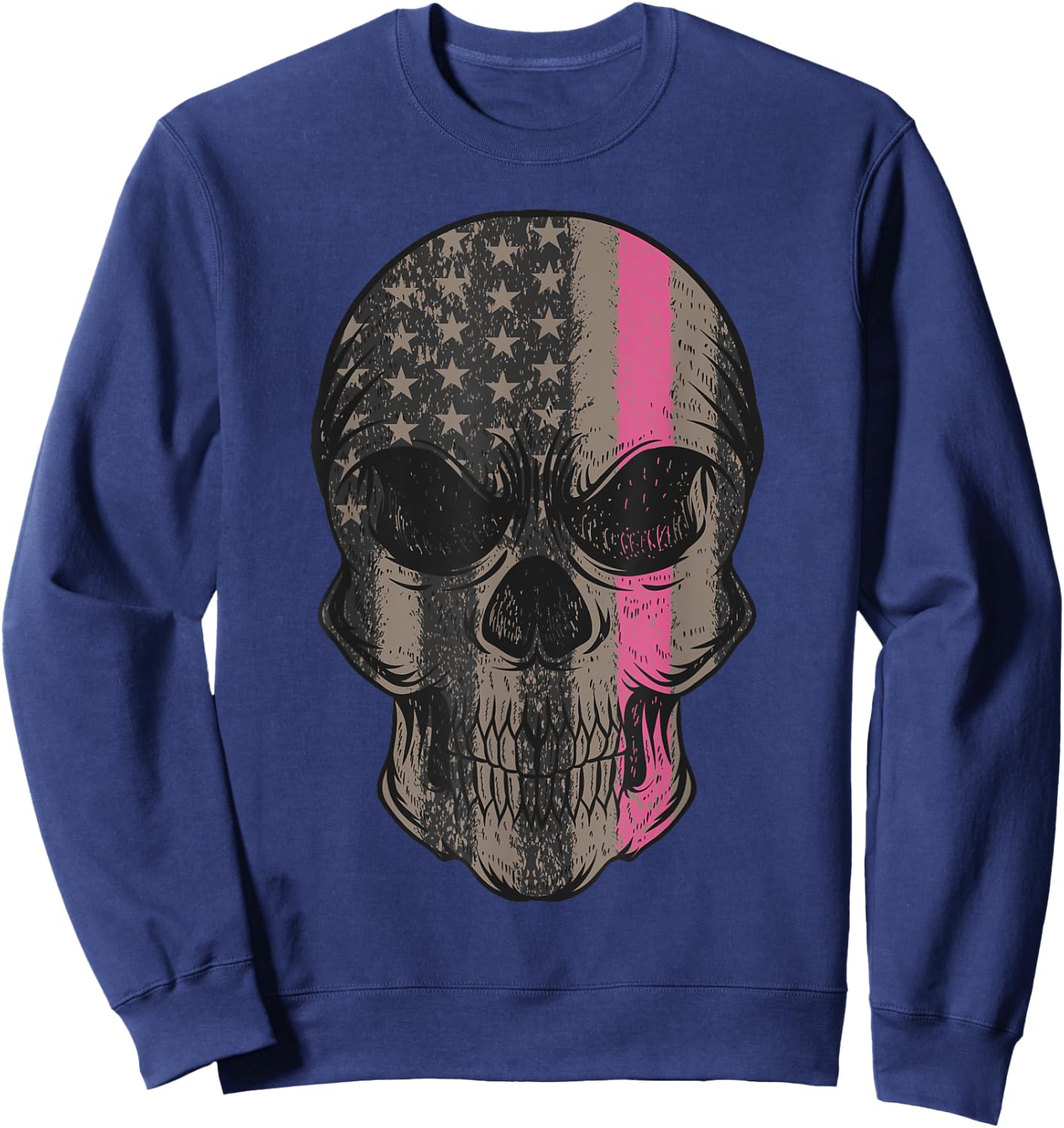 Thin Pink Line Breast Cancer Awareness American Flag Skull Women Men Sweatshirt - Sweatshirt | Navy