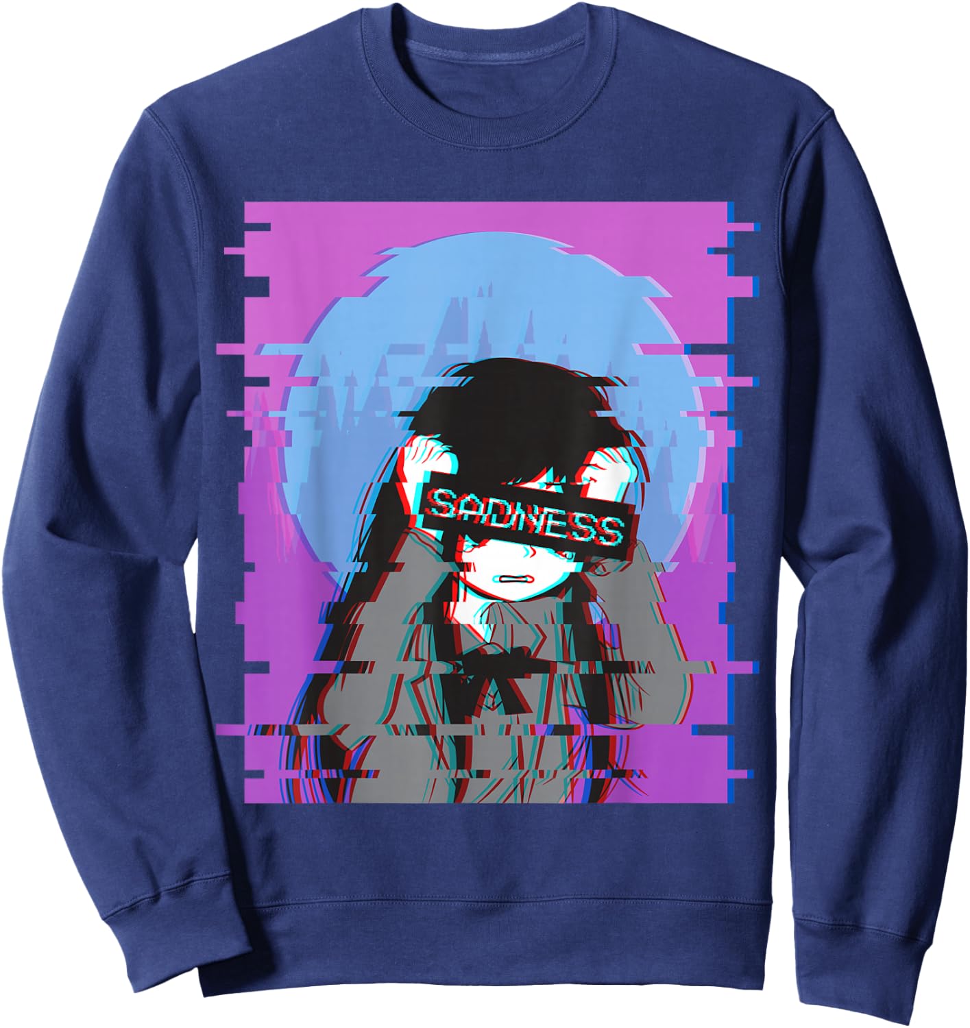Sad Anime Girl - Japanese Aesthetic Vaporwave Anime Otaku Sweatshirt - Sweatshirt | Navy