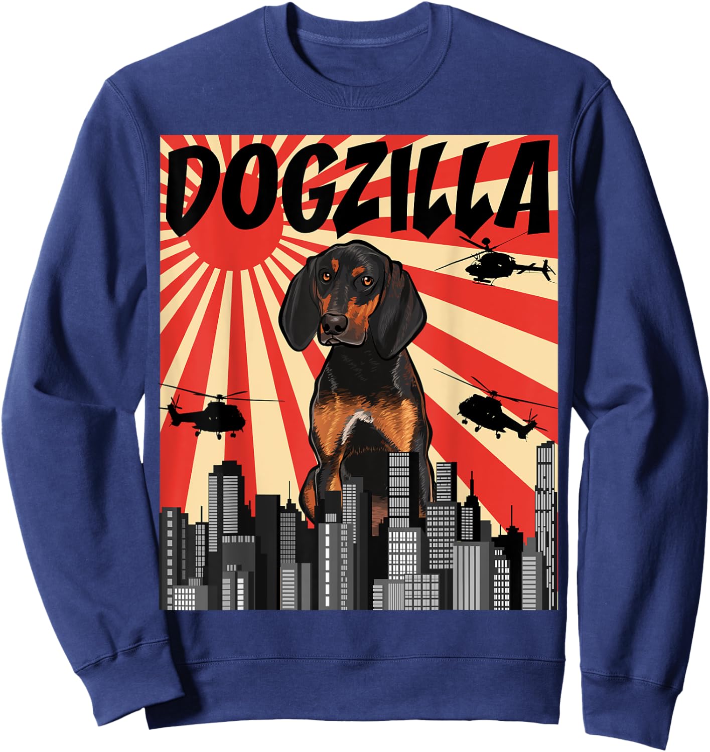 Funny Retro Japanese Dogzilla Black and Tan Coonhound Sweatshirt - Sweatshirt | Navy