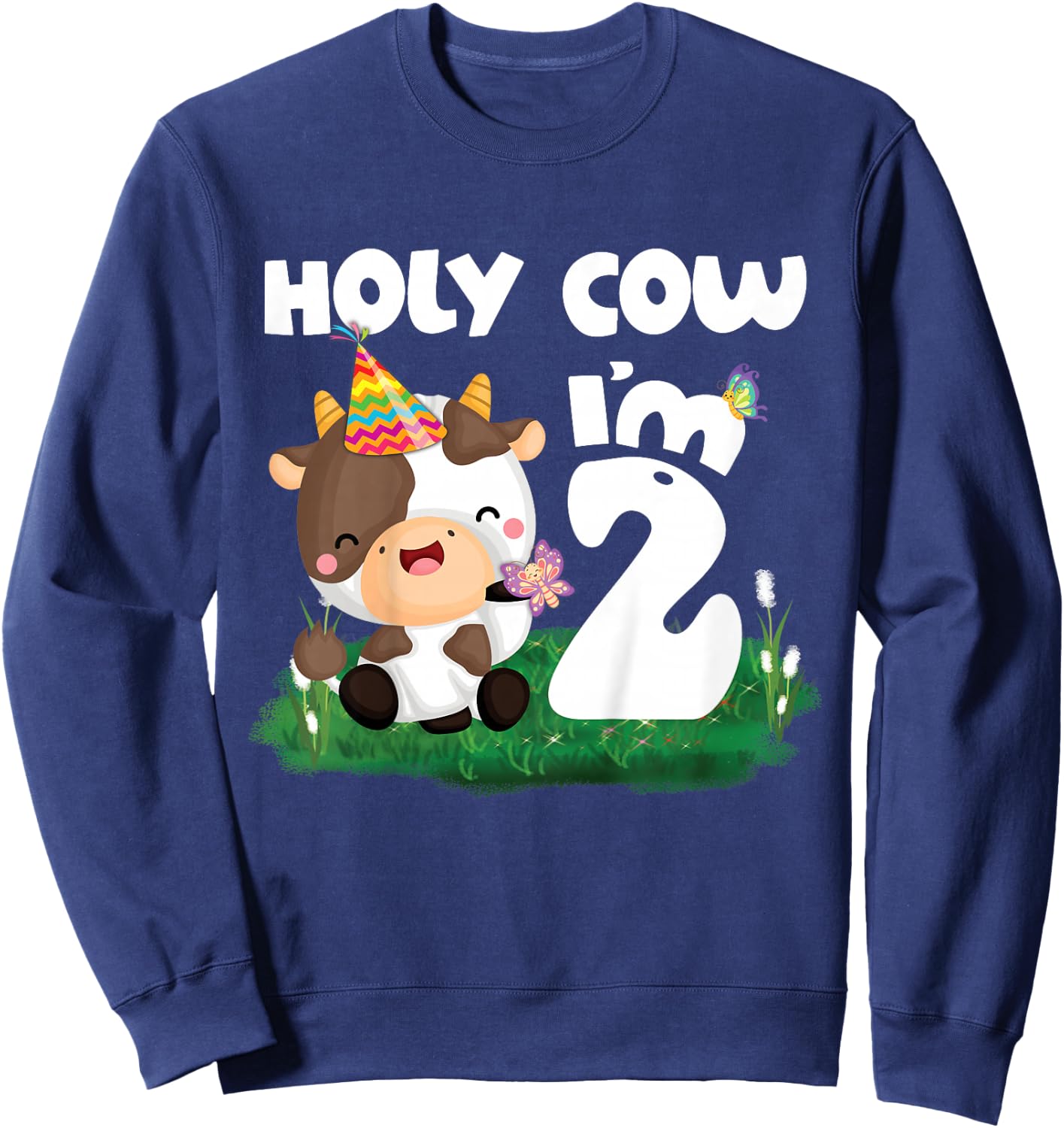 Holy Cow I'm 2 Two Birthday Girl Boy Moo Moo 2nd Birthday Sweatshirt - Sweatshirt | Navy