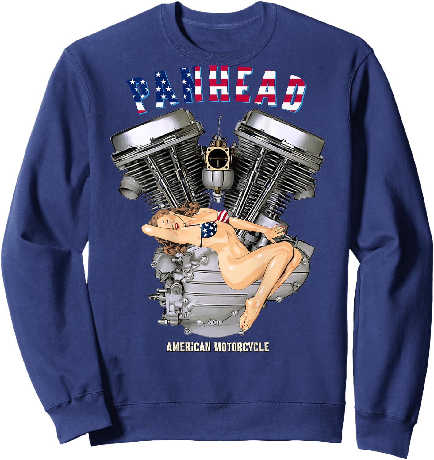USA Panhead Motorcycle Sexy Retro Pinup Flag Biker Gear Sweatshirt - Sweatshirt | Navy