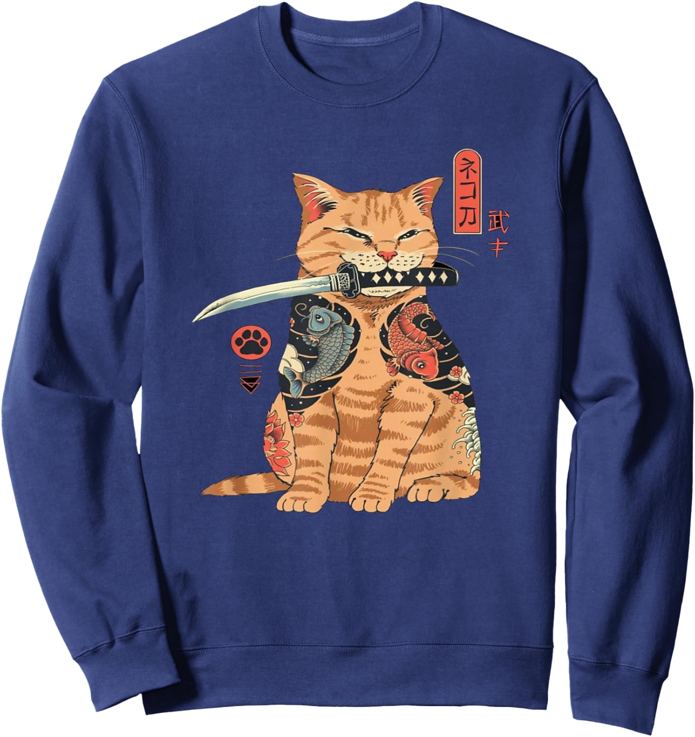 Alexamerch Cats Japanese Samurai Ninja Cat Kawaii Tattoo Graphic - Kids, Anime Fans, Casual Wear Lovers - - Black - Small - Short Sleeve - Classic Fit - Cotton, Polyester Sweatshirt - Sweatshirt | Navy