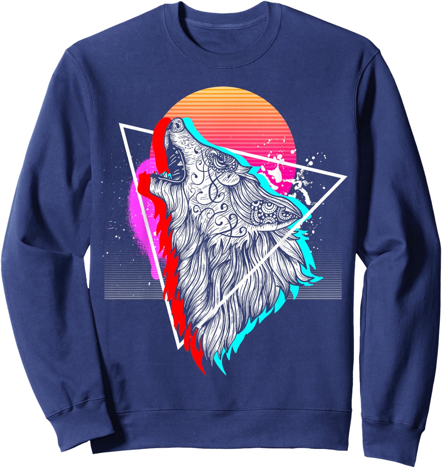 Synthwave Aesthetic Howling Wolf 1990s Retro Vaporwave Sweatshirt - Sweatshirt | Navy