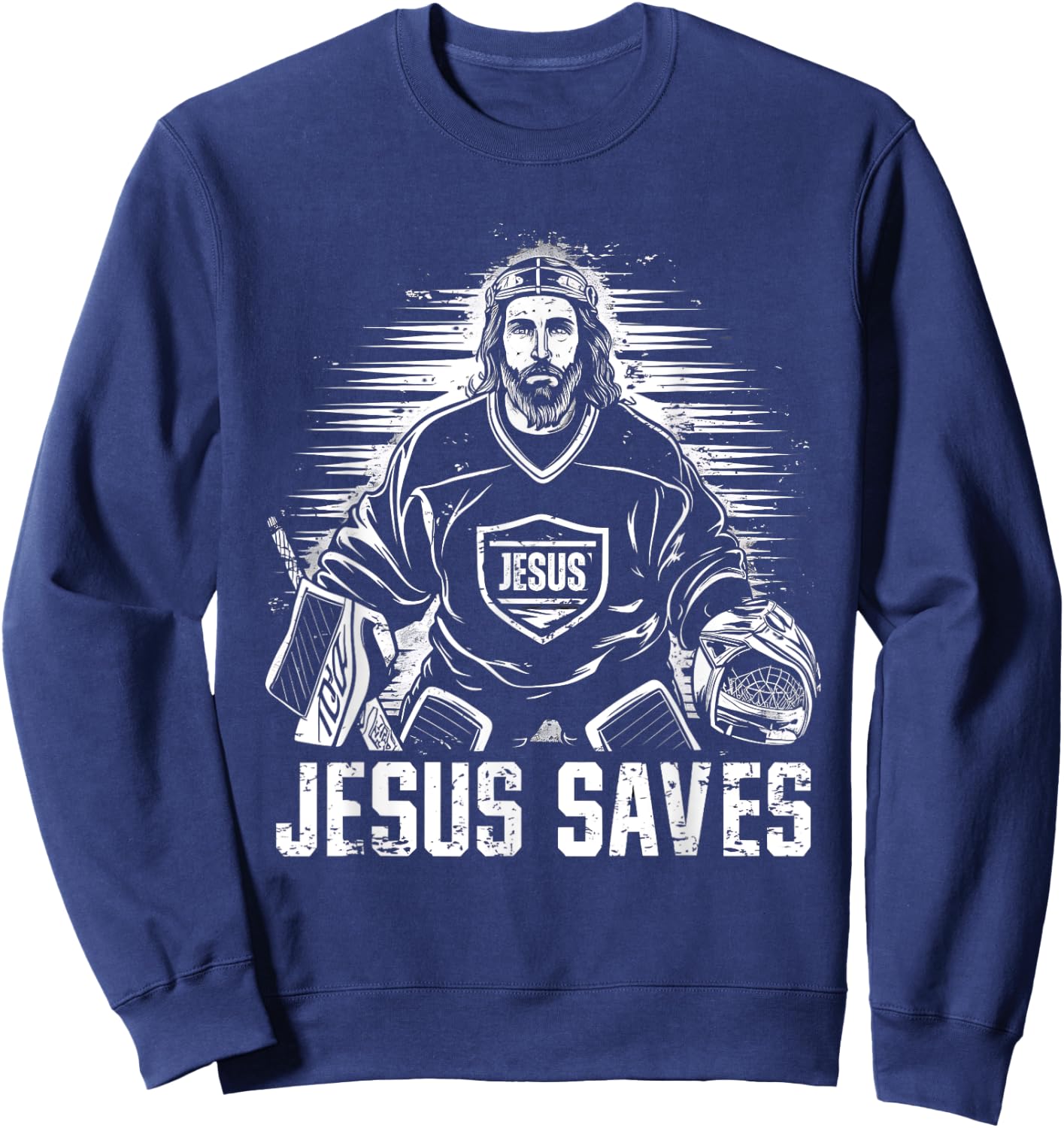 Jesus Saves Ice Hockey Goalie Funny Christian Religion Sport Sweatshirt - Sweatshirt | Navy