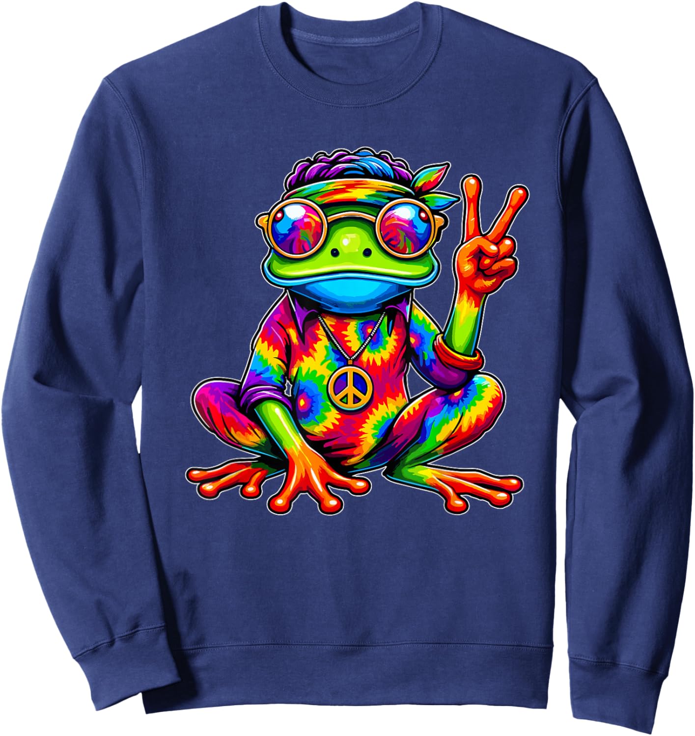 Hippie Tie-Dye Frog, 70s Party & 60s Costume, Peace Sign Sweatshirt - Sweatshirt | Navy