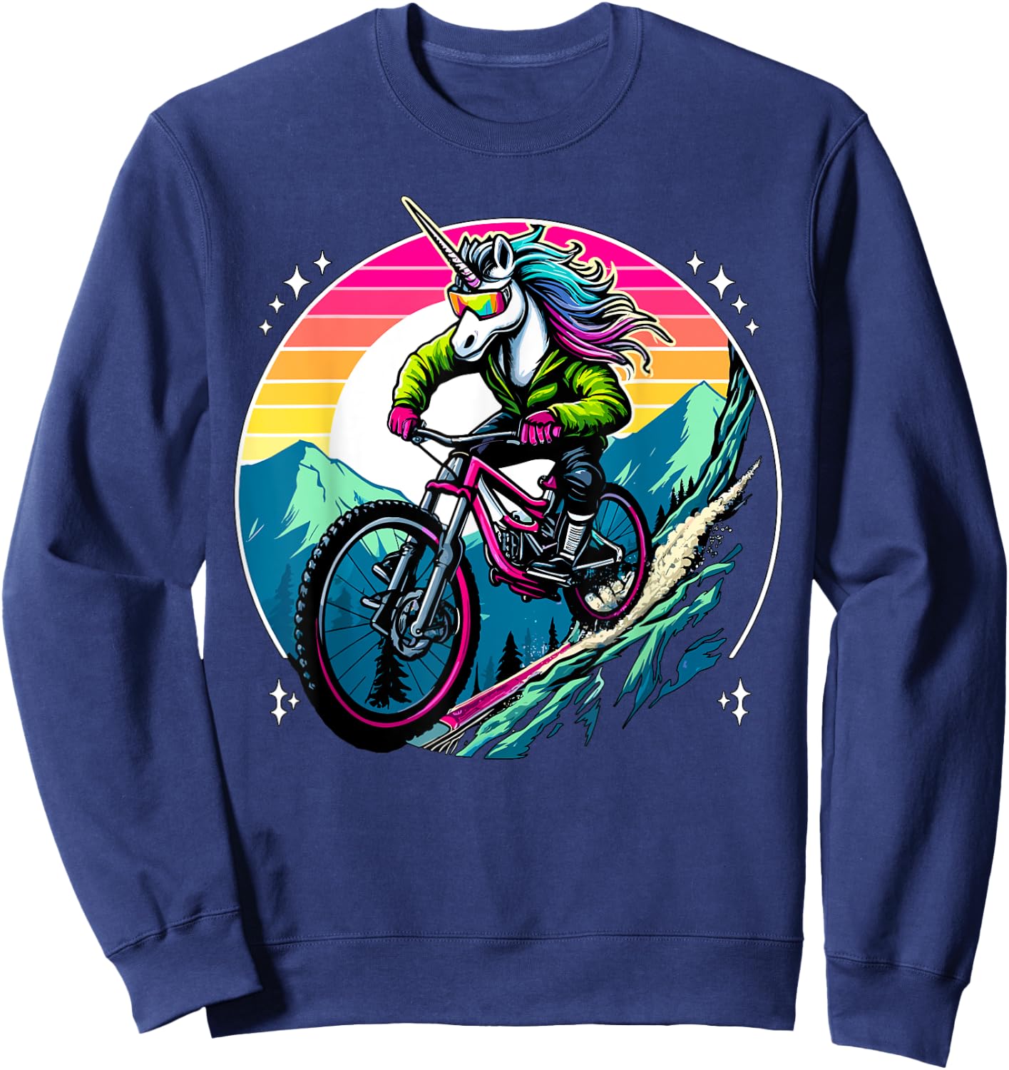 Unicorn Mountain Bike Adventure Fantasy Colorful Sunset Sweatshirt - Sweatshirt | Navy