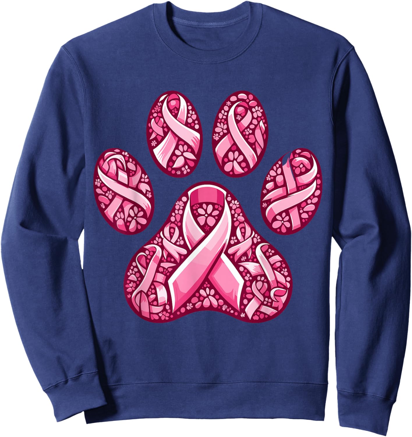 Pink Ribbon Dog Paw Print Breast Cancer Awareness Puppy Love Sweatshirt - Sweatshirt | Navy