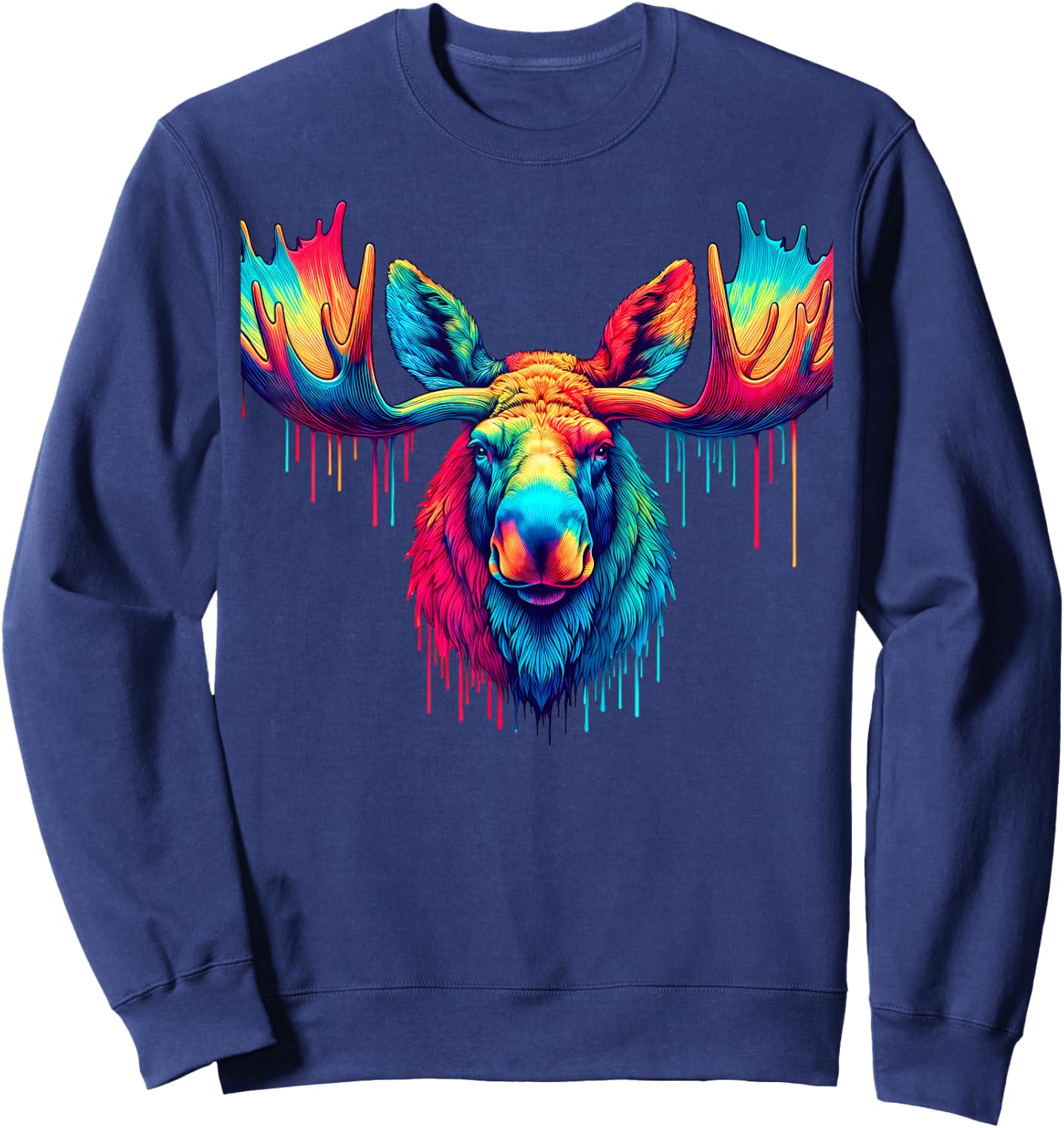 Cool Moose Graphic Spirit Animal Illustration Tie Dye Art Sweatshirt - Sweatshirt | Navy