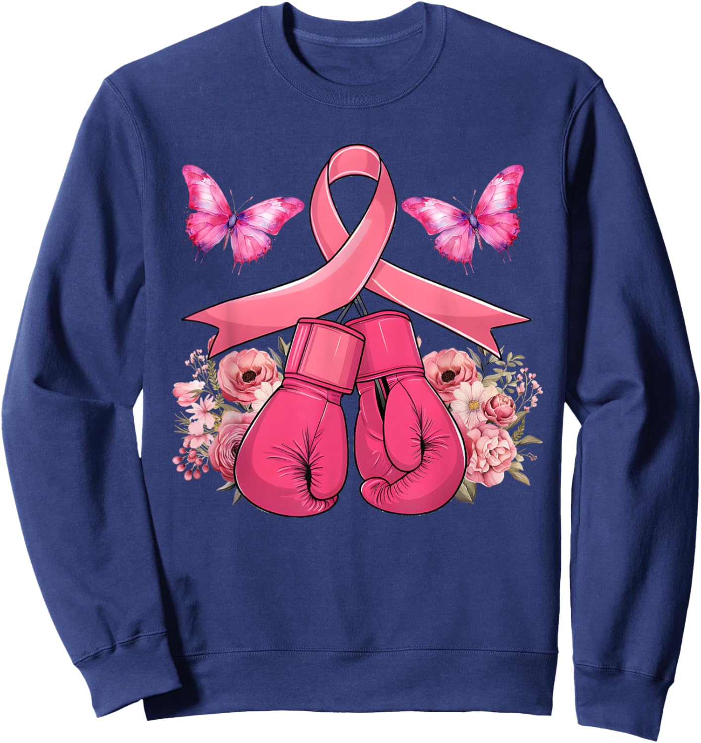 Breast Cancer Awareness Boxing Gloves Butterfly Pink Ribbon Sweatshirt - Sweatshirt | Navy