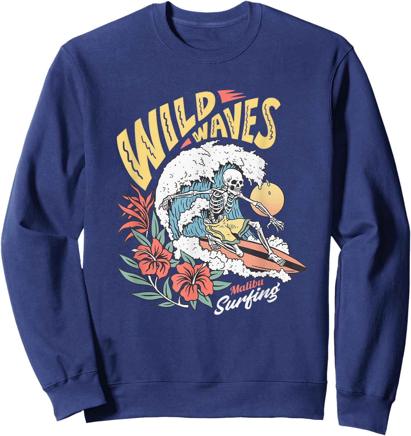 Funny Wild Waves Surfing Skeleton Malibu California Beach Sweatshirt - Sweatshirt | Navy