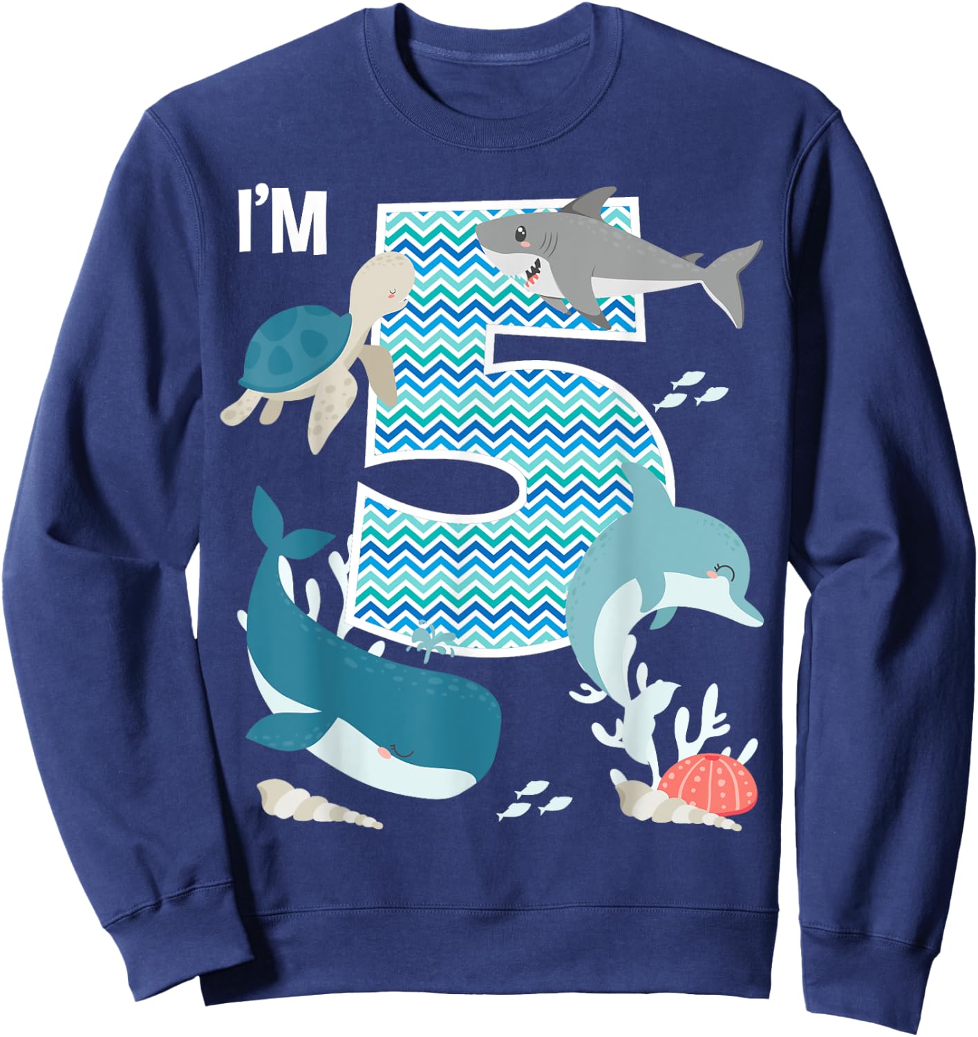 Kids 5 Year Old Ocean Life Whale Dolphin Shark 5th Birthday Sweatshirt - Sweatshirt | Navy