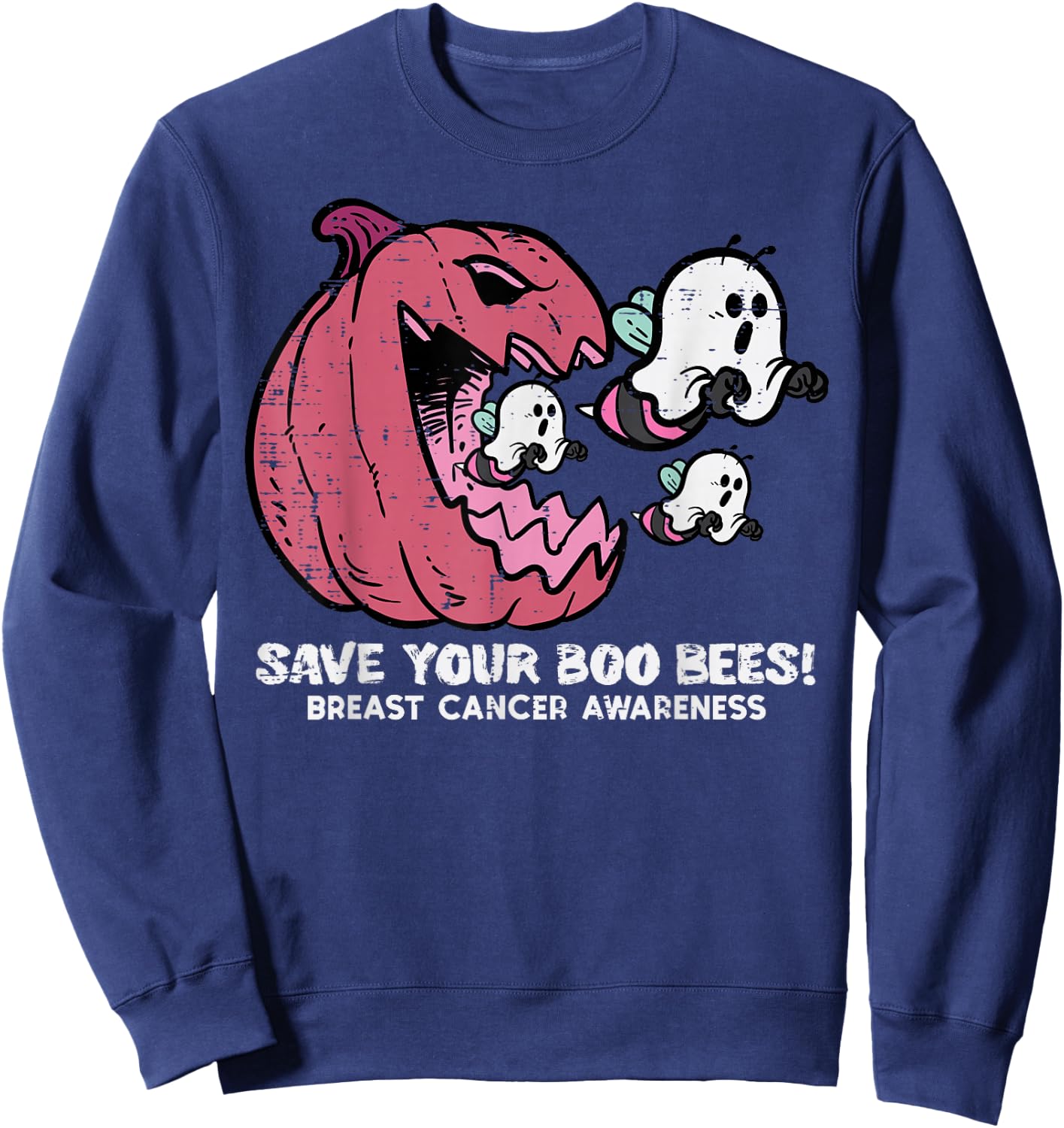Breast Cancer Pumpkin Save Boo Your Bees Awareness Women Men Sweatshirt - Sweatshirt | Navy