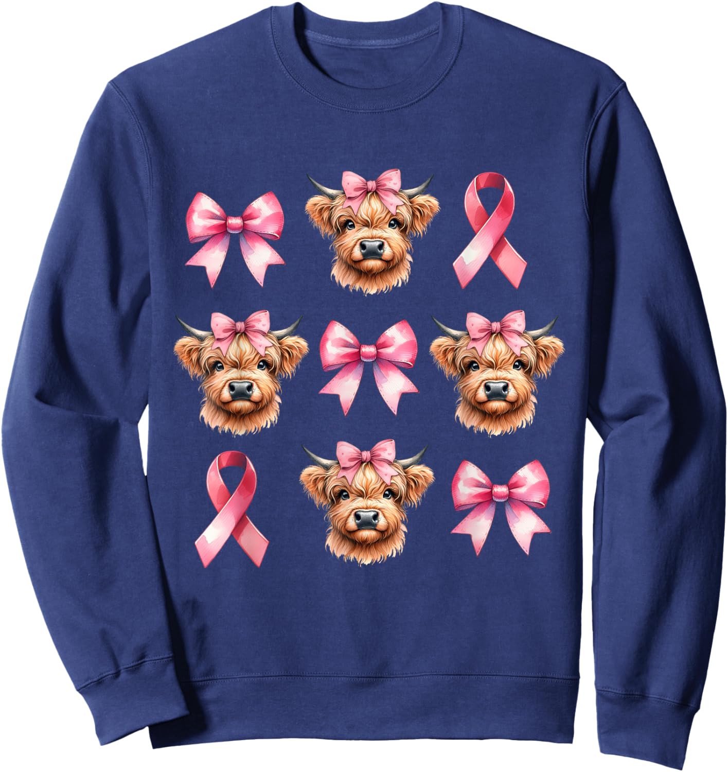 Coquette Bow Pink Ribbon Highland Cow Pink Breast Cancer Sweatshirt - Sweatshirt | Navy