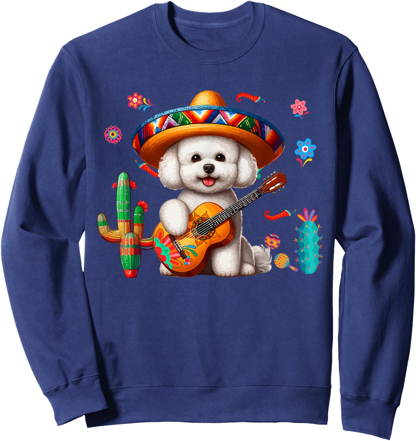 Bichon Frise Sombrero Mexican Guitar Cinco De Mayo Owner Sweatshirt - Sweatshirt | Navy