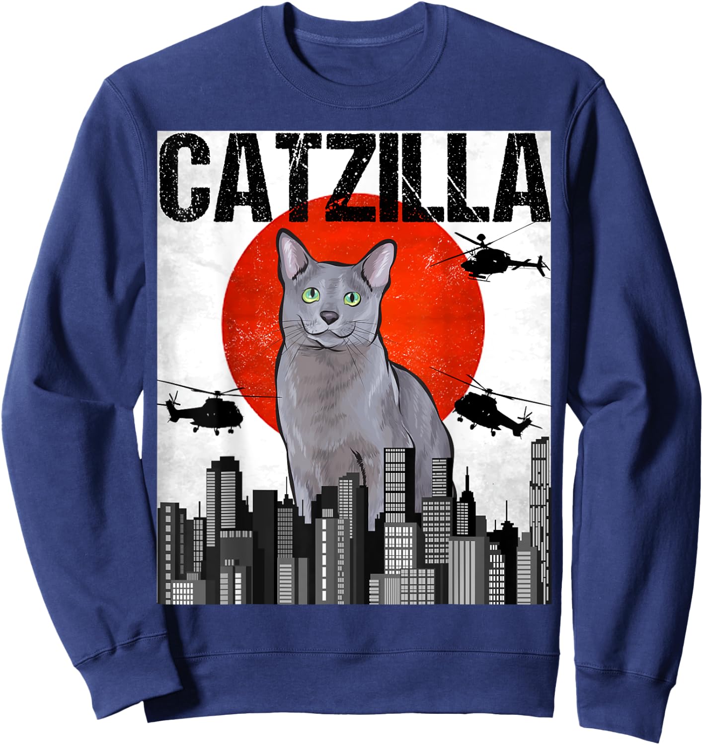 Funny Vintage Japanese Catzilla Russian Blue Cat Men Women Sweatshirt - Sweatshirt | Navy