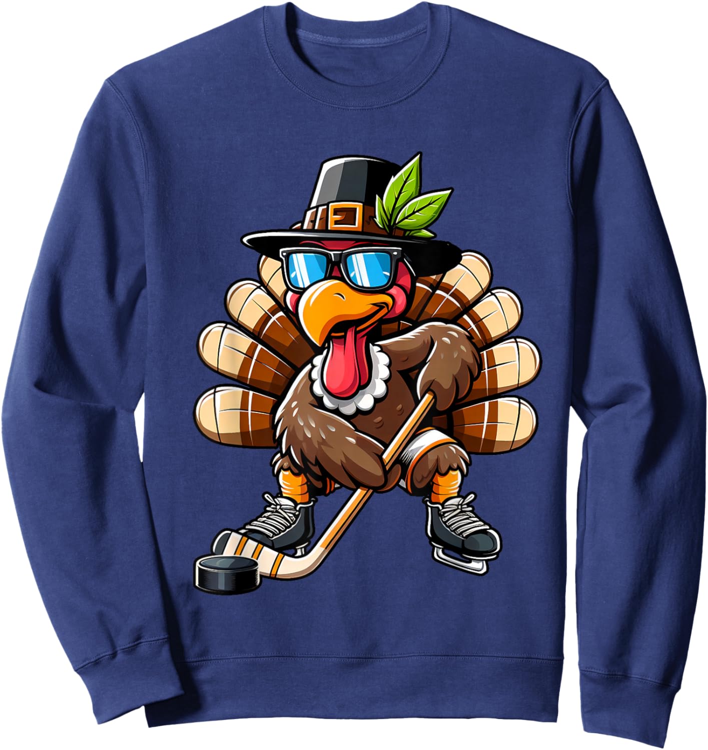 Turkey Hockey Thanksgiving Fall Turkey Playing Hockey Boys Sweatshirt - Sweatshirt | Navy
