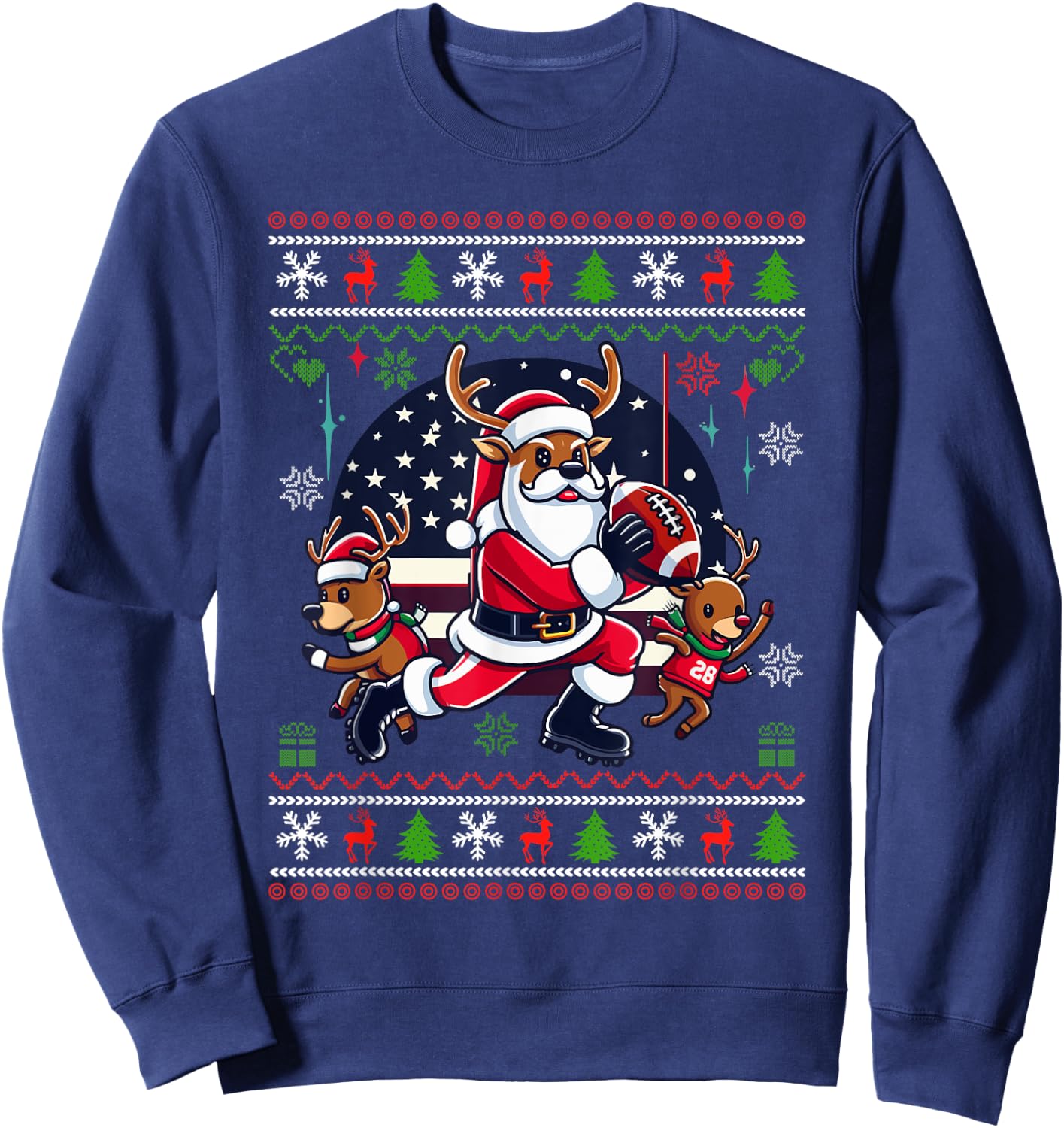 Santa Reindeer Play American Football Ugly Christmas Sweater Sweatshirt - Sweatshirt | Navy