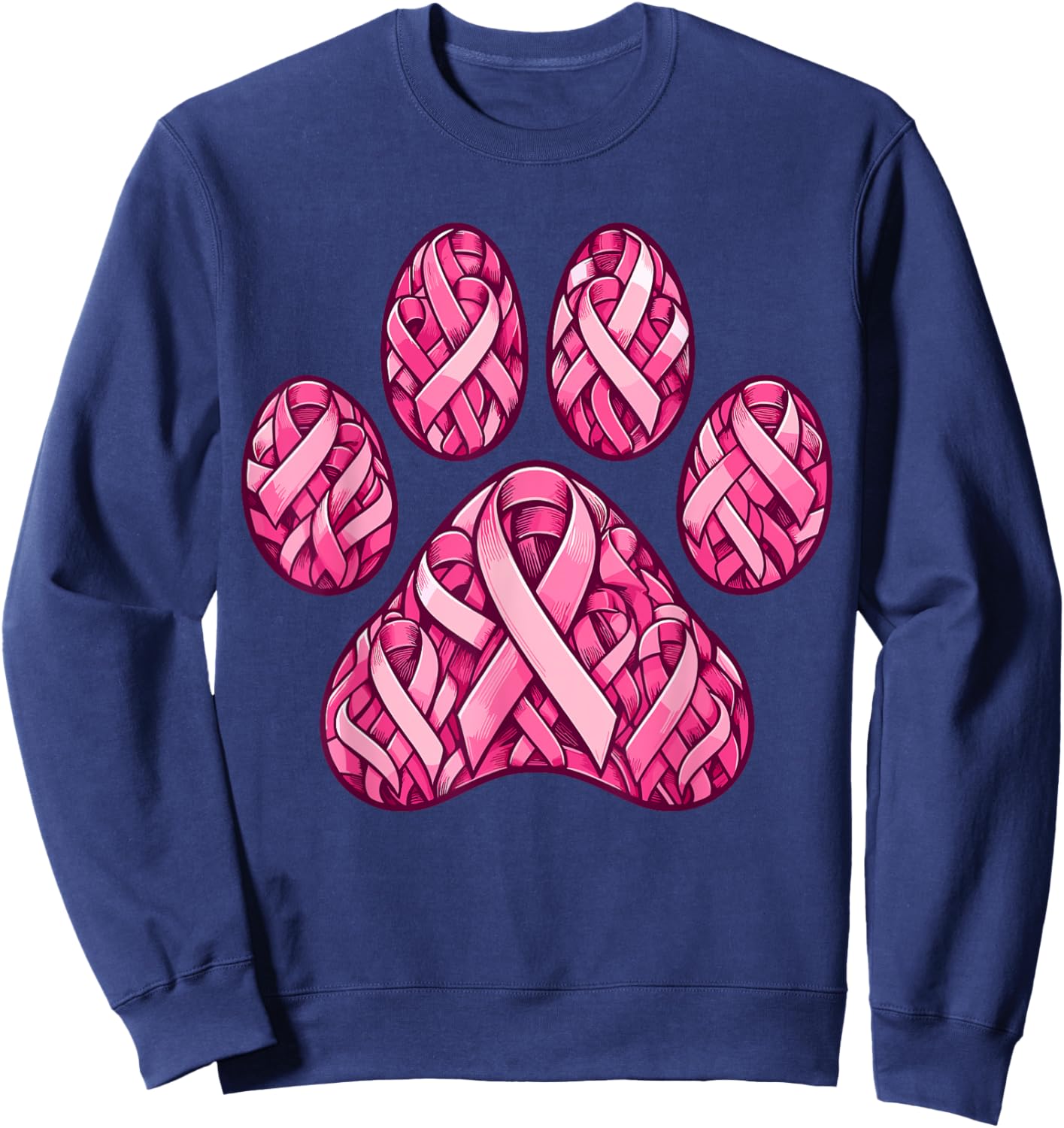 Pink Ribbon Dog Paw Print Breast Cancer Awareness Puppy Love Men Women Kids Sweatshirt - Sweatshirt | Navy
