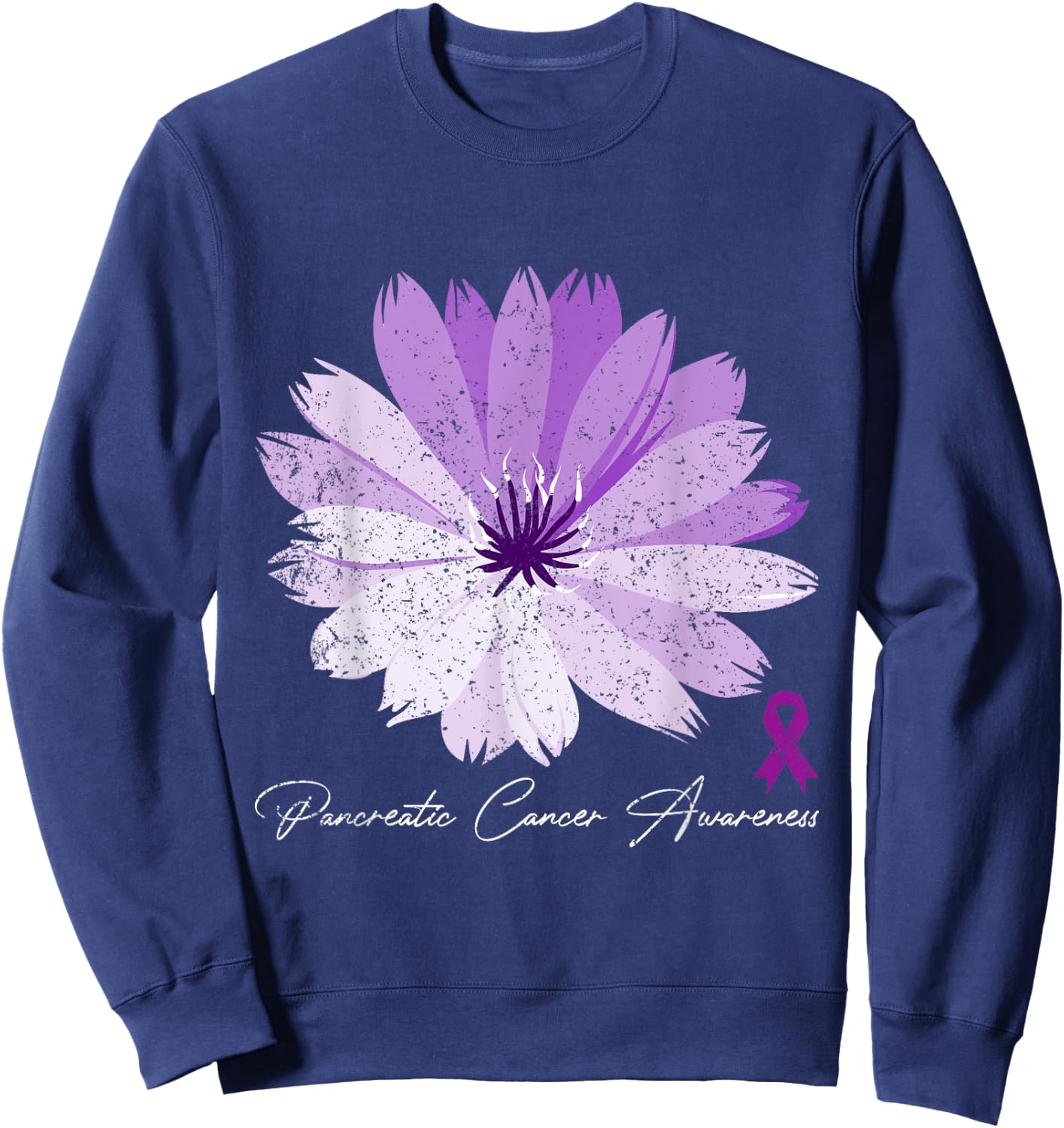 Flower Purple Ribbon Pancreatic Cancer Awareness Sweatshirt - Sweatshirt | Navy
