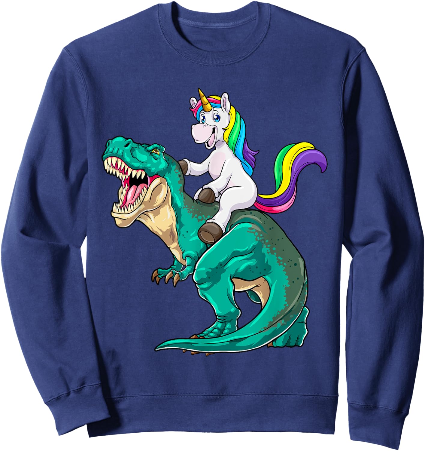 Unicorn Riding T rex Dinosaur Boys Girls Men Women Rainbow Sweatshirt - Sweatshirt | Navy