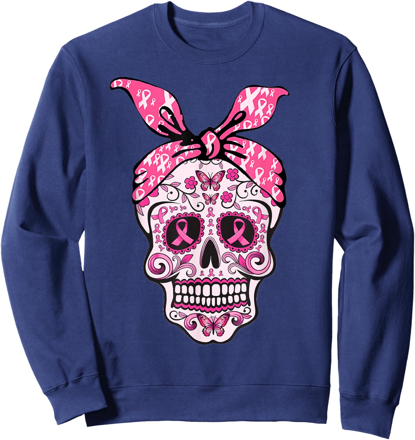 Sugar Skull Pink Ribbon Bandana Calavera Breast Cancer Sweatshirt - Sweatshirt | Navy