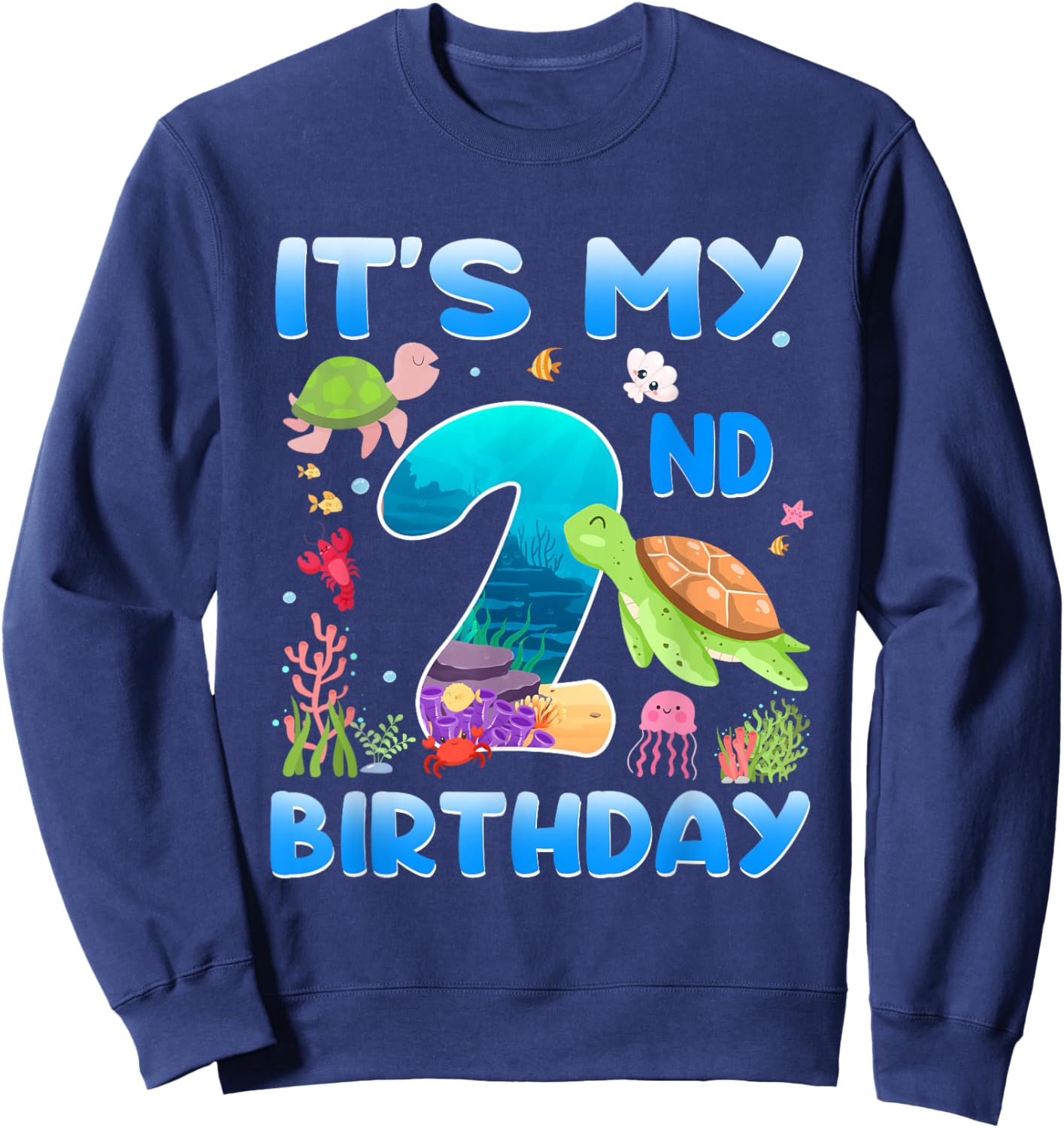 2 Year Old Girls Boys 2nd Birthday Sea Turtle Themed Sweatshirt - Sweatshirt | Navy