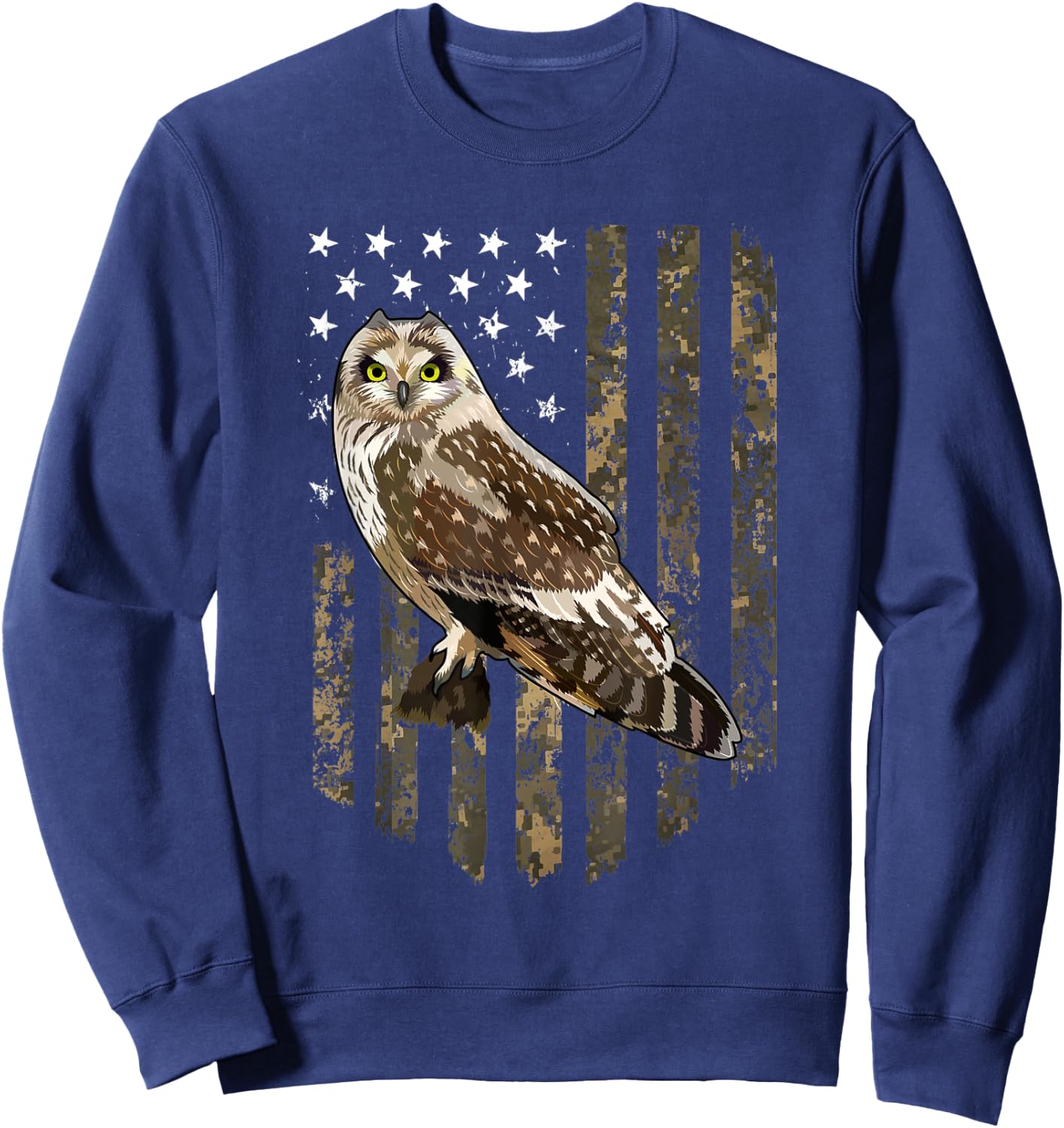 Camo American Flag Short-eared Owl Bird 4th Of July Women Men Sweatshirt - Sweatshirt | Navy