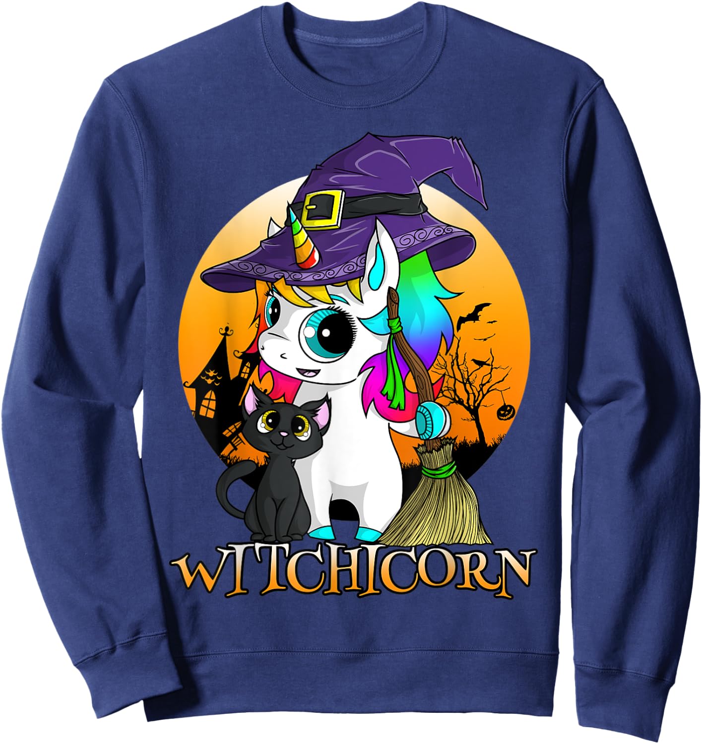 Witchicorn Unicorn Witch Halloween Black Cat Orange Moon Sweatshirt - Sweatshirt | Navy