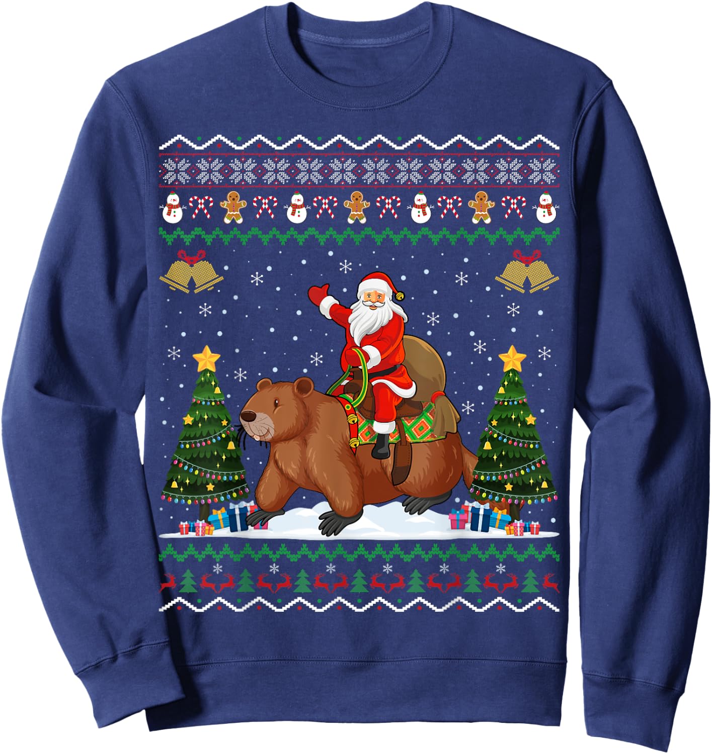 Beaver Ugly Xmas Gift Funny Santa Riding Beaver Christmas Sweatshirt - Sweatshirt | Navy