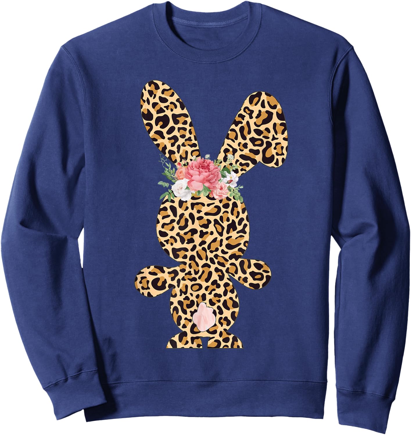 Leopard Print Bunny Flowers Girls Women Happy Easter Sweatshirt - Sweatshirt | Navy