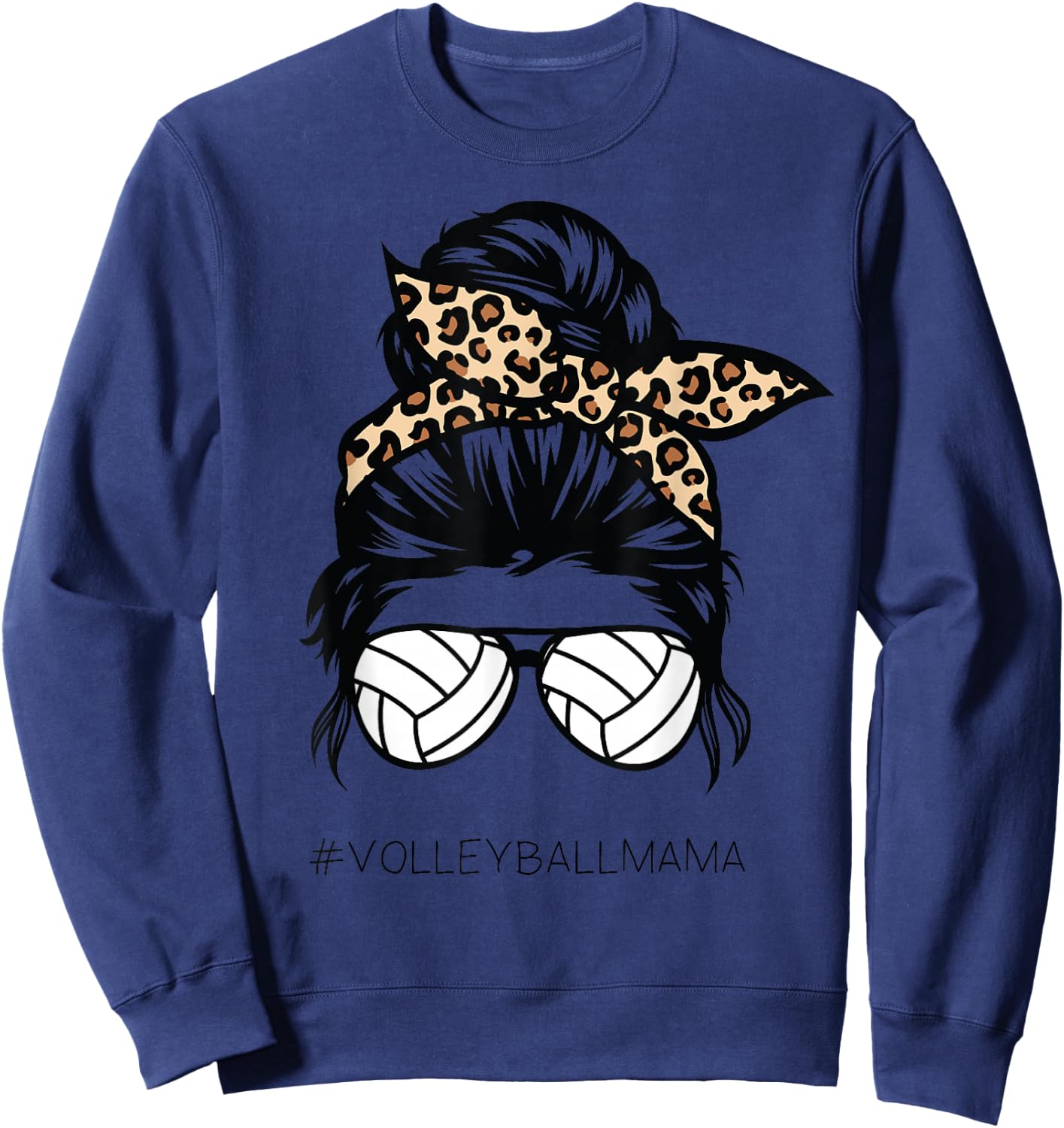 Volleyball Mom Leopard Ball messy hair bun Mother's Day Sweatshirt - Sweatshirt | Navy