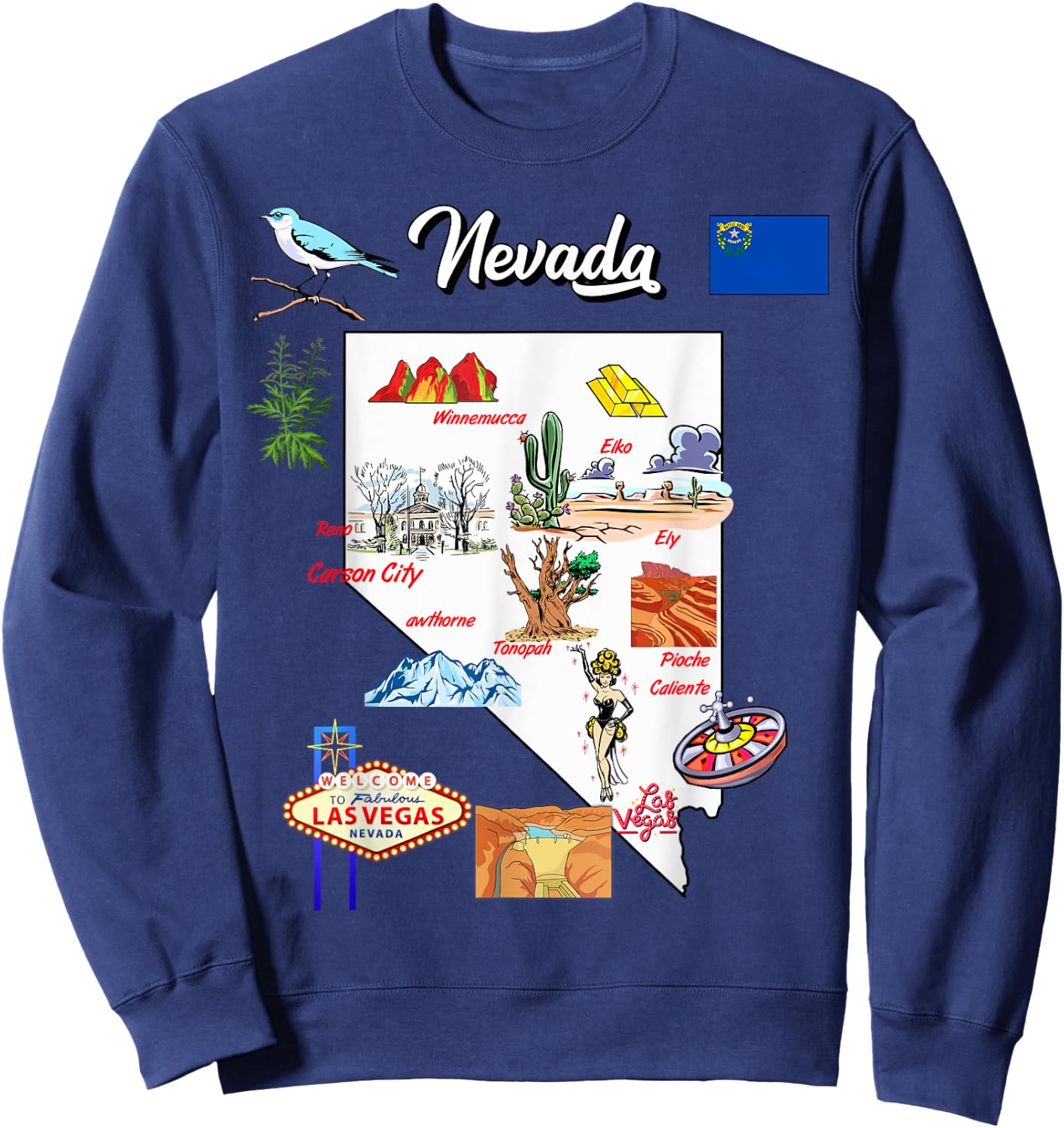 illustrated Map of Nevada in US with the Cities and symbols Sweatshirt - Sweatshirt | Navy