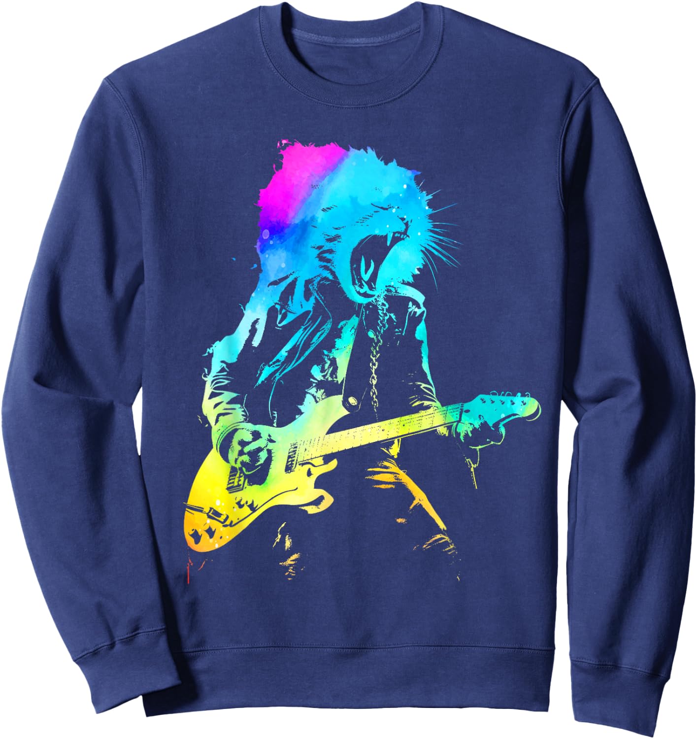 Colorful Rock Cat Playing Guitar Funny Guitar Cat Women Sweatshirt - Sweatshirt | Navy