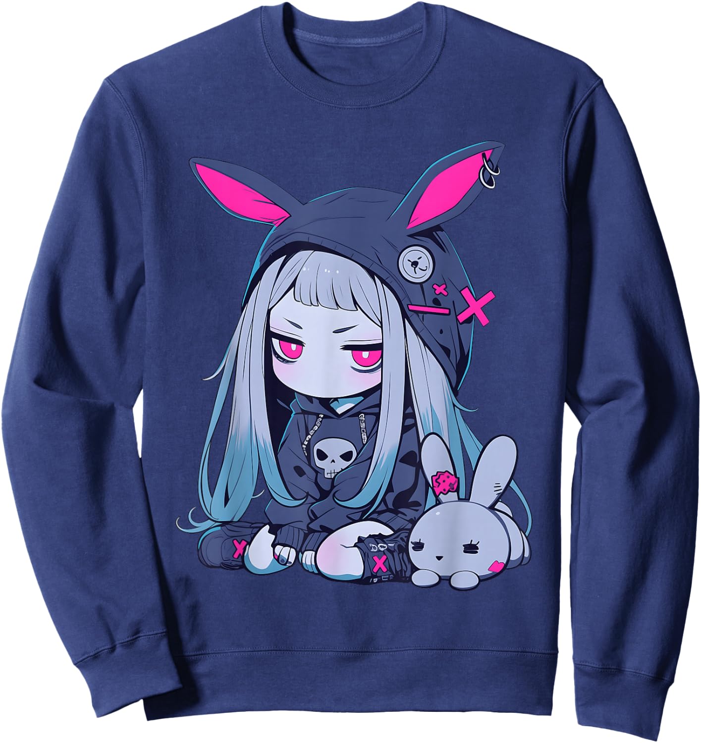 Cute E-Girl Anime Girl Goth Bunny Grunge Gothic Outfit Sweatshirt - Sweatshirt | Navy