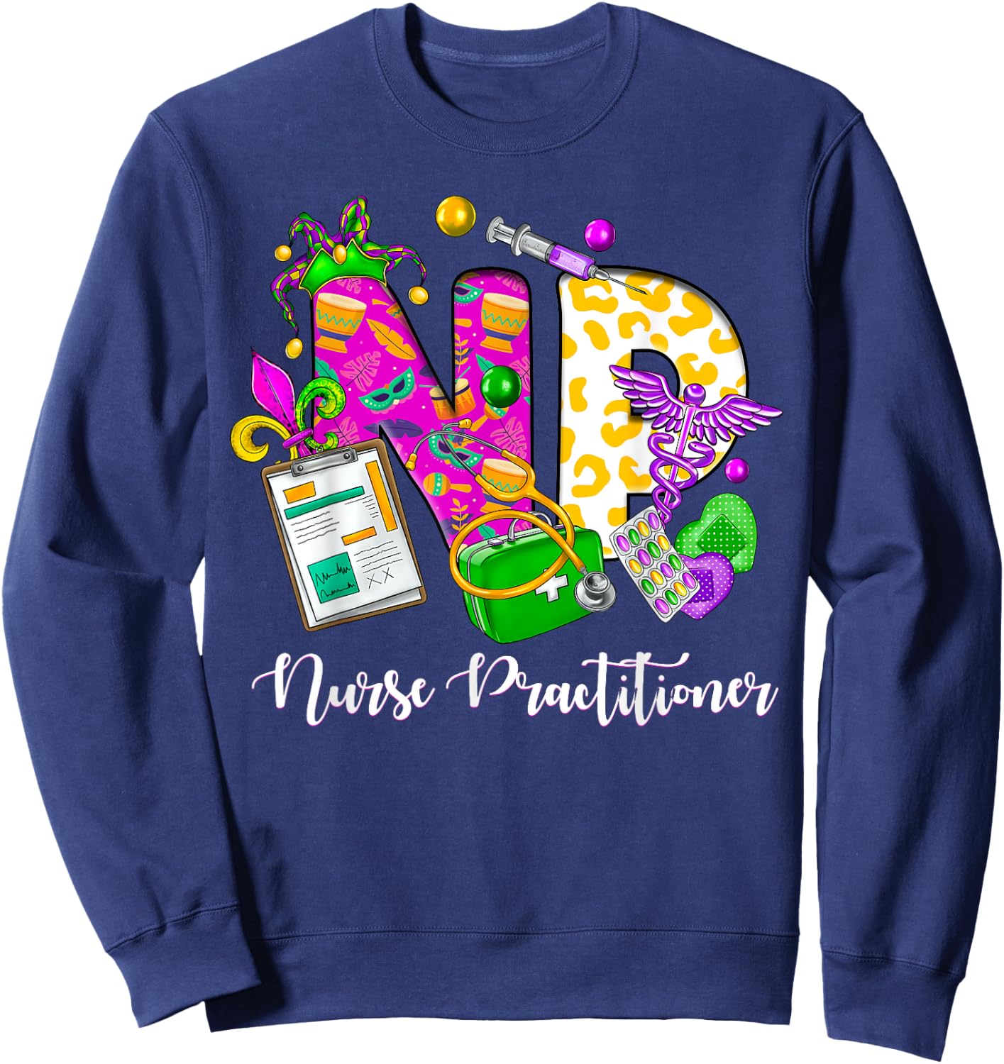 NP Nurse Practitioner Cute Mardi Gras Girl Women Sweatshirt - Sweatshirt | Navy