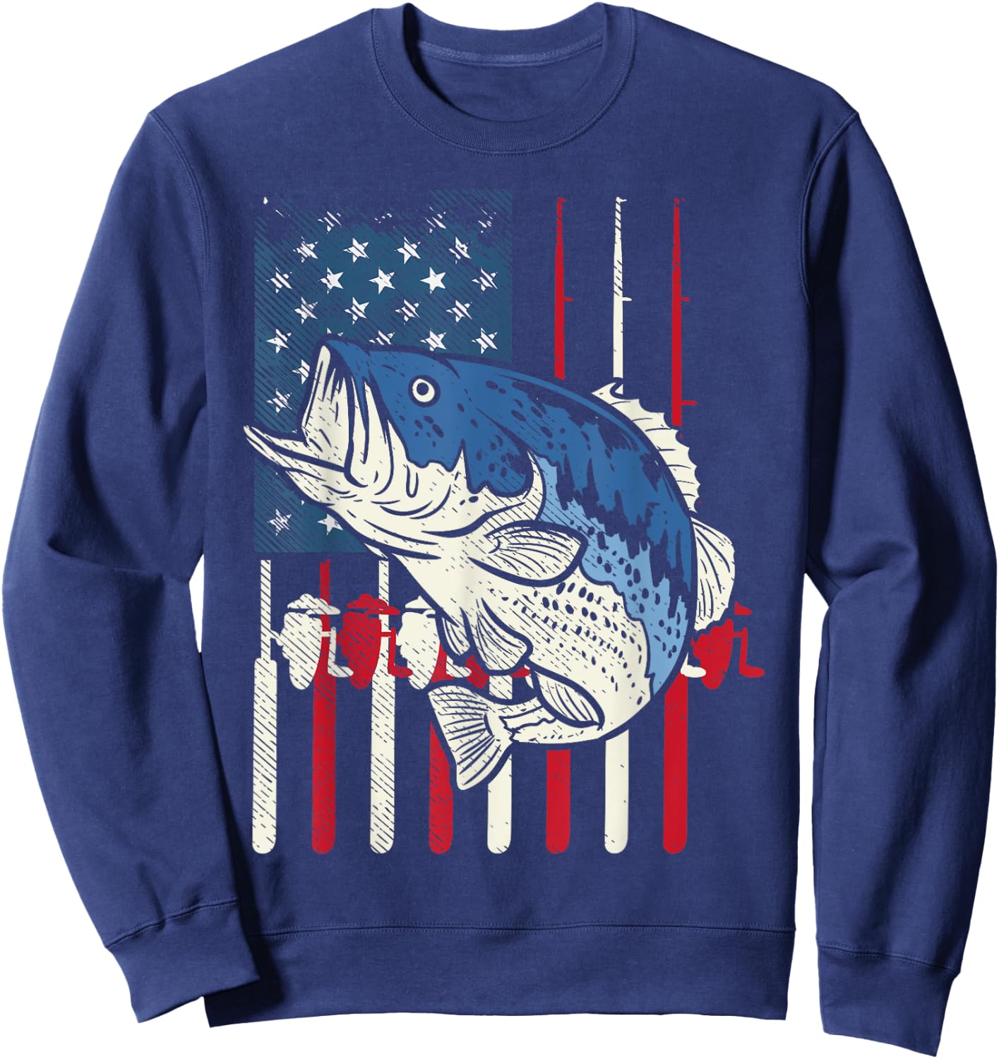 Bass Fish US American Flag Patriotic Fishing Fisherman Gift Sweatshirt - Sweatshirt | Navy
