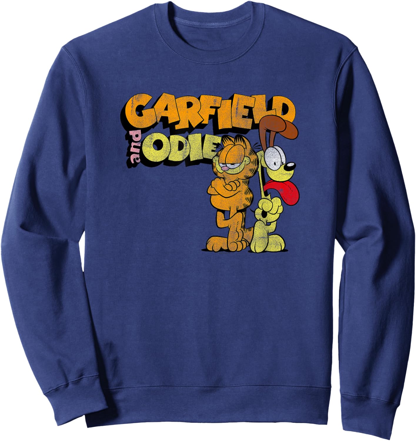 Garfield Distressed Garfield and Odie Cartoon Cat Sweatshirt - Sweatshirt | Navy