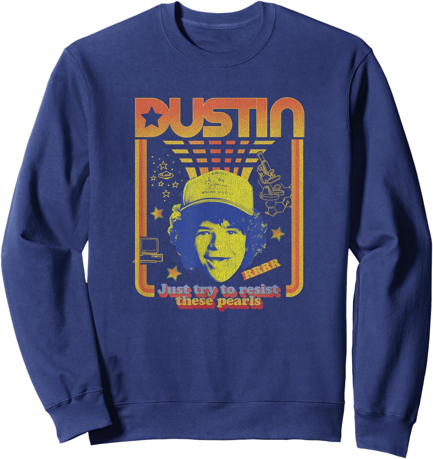 Stranger Things Dustin Floating Head Resist The Pearls Star Sweatshirt - Sweatshirt | Navy