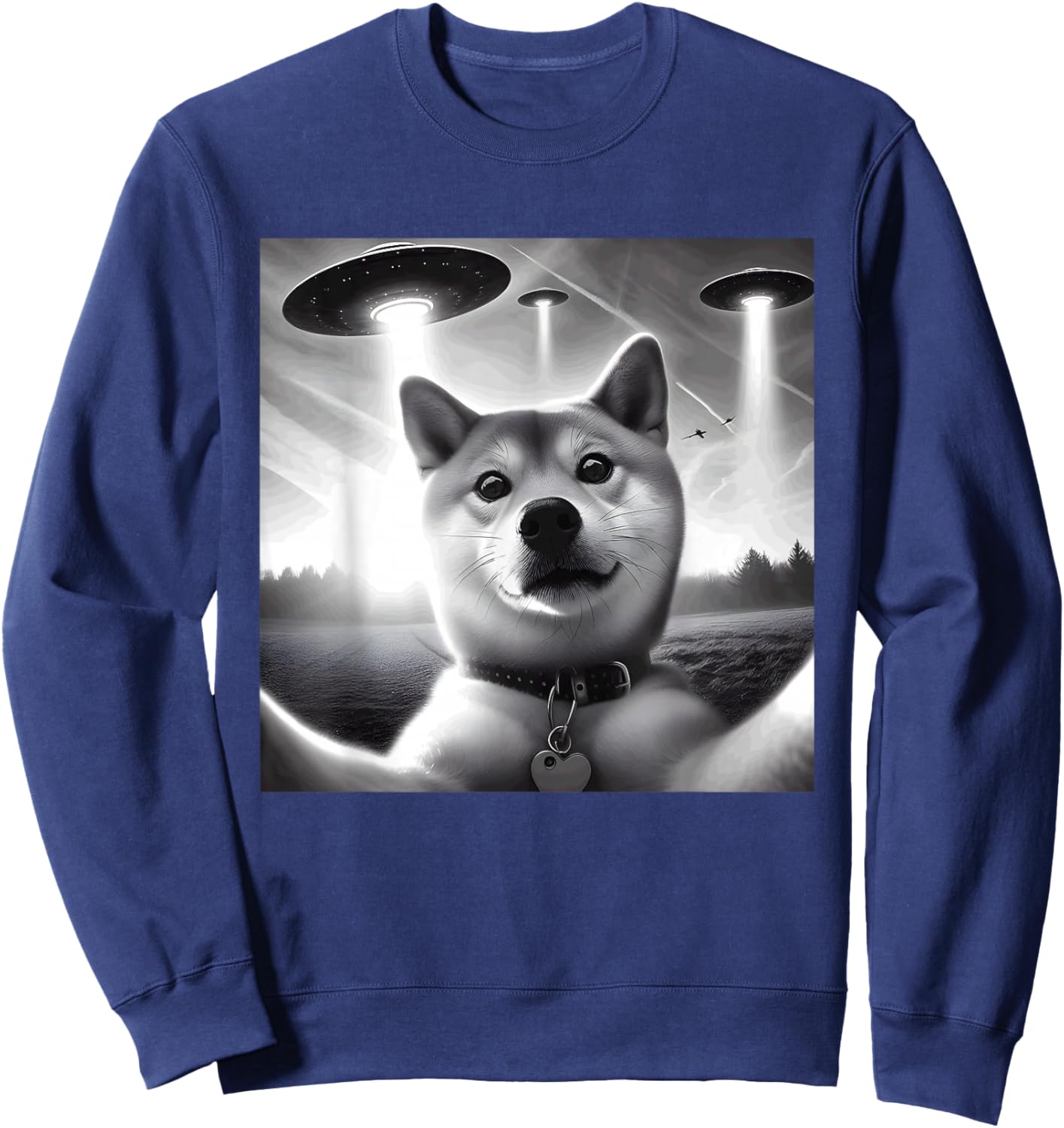 Shiba Inu Dog Dad Mom Funny Graphic Selfie UFOs Weird Aliens Sweatshirt - Sweatshirt | Navy