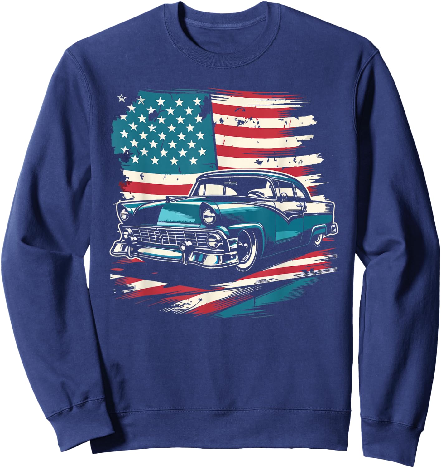Vintage Classic Car American Flag 4th of July Patriotic Sweatshirt - Sweatshirt | Navy