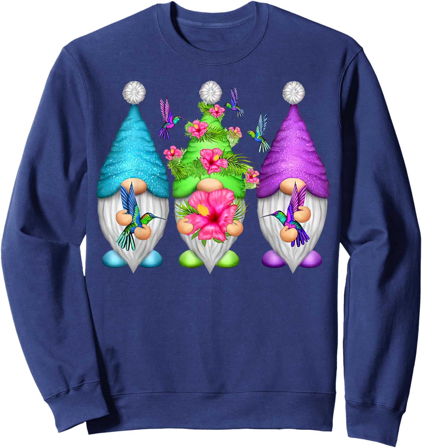 Cute Gnomes Hummingbirds Hibiscus Flower Bird Nature Lover Sweatshirt - Sweatshirt | Navy