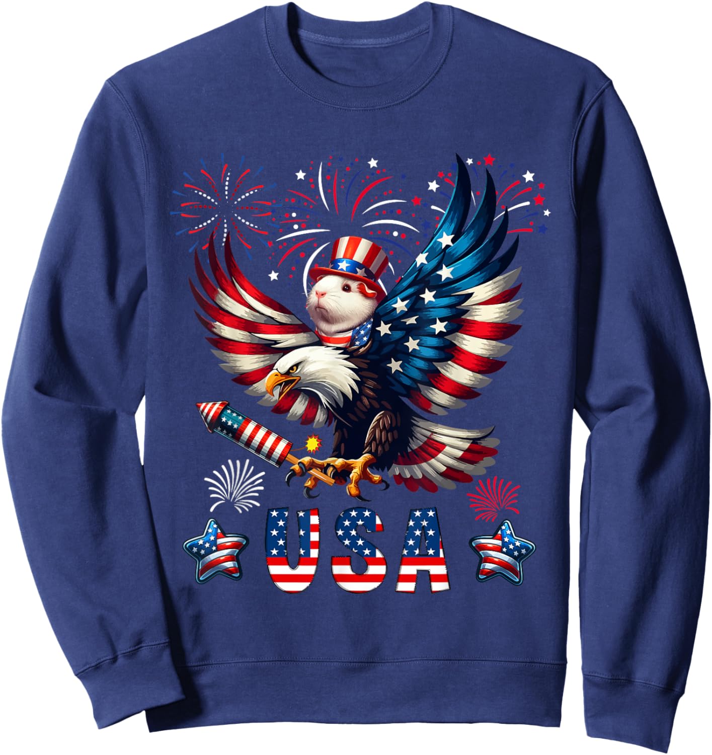 USA 4th Of July Guinea Pig Riding Eagle Fireworks Patriotic Kids Men Sweatshirt - Sweatshirt | Navy