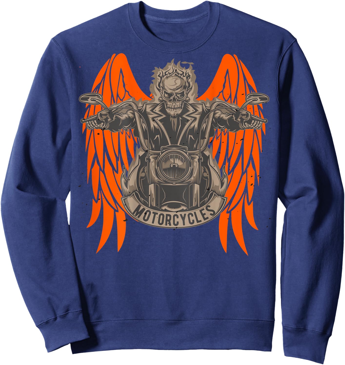 Motorcycle Rider Skeleton Angel Wings Distressed - on back Sweatshirt - Sweatshirt | Navy