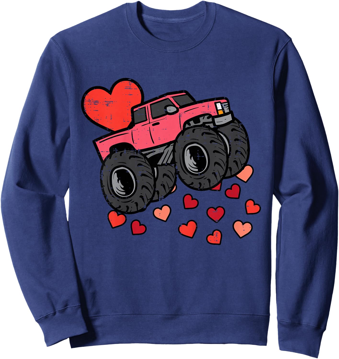 Kids Monster Truck Hearts Cool Valentines Day Toddler Boys Kids Sweatshirt - Sweatshirt | Navy
